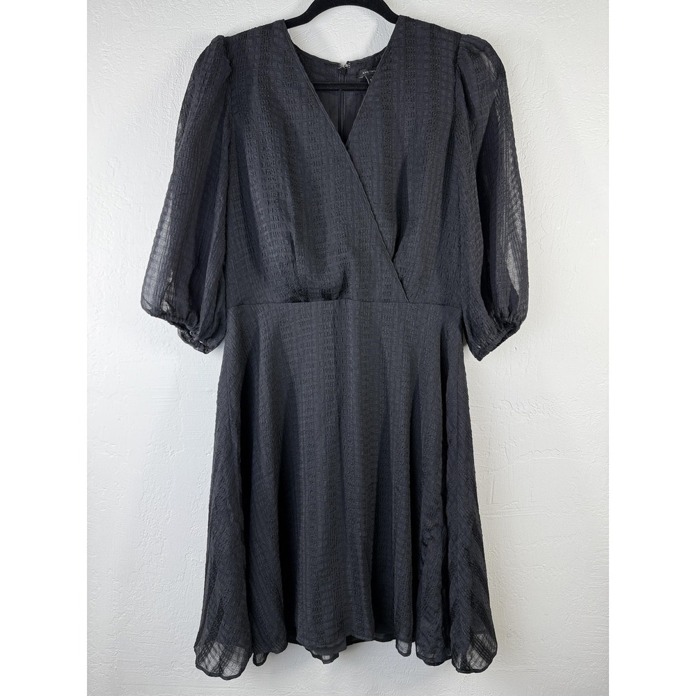 Ann Taylor Dress Womens 4 Black Textured Puff Sleeve Lined V‎ Neck Party Midi